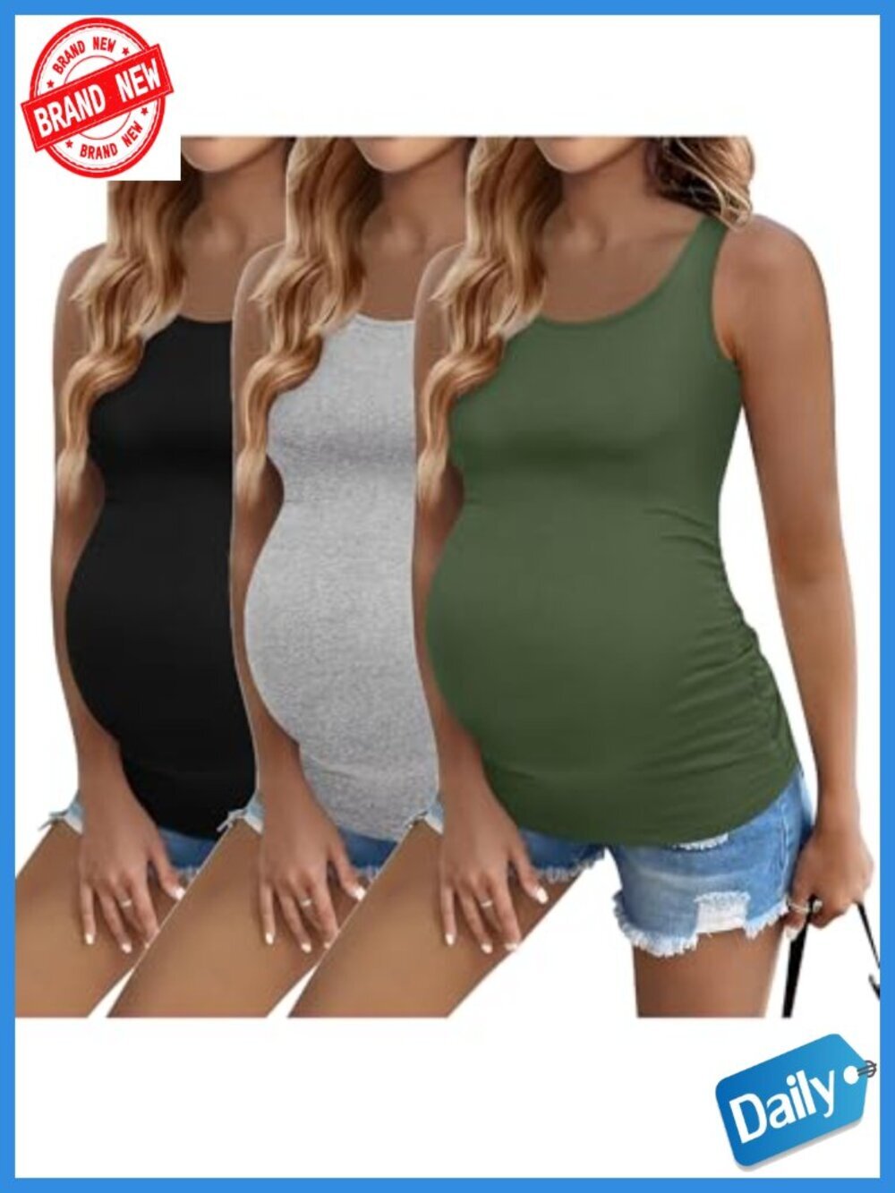3-Pack Maternity Tank Tops - Sleeveless Scoop Neck with Ruched Side - 95%